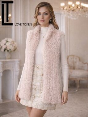 LOVE TOKEN Genuine Rabbit Fur Vest Blush Pink Luxurious Elegant✨NWT Size Large